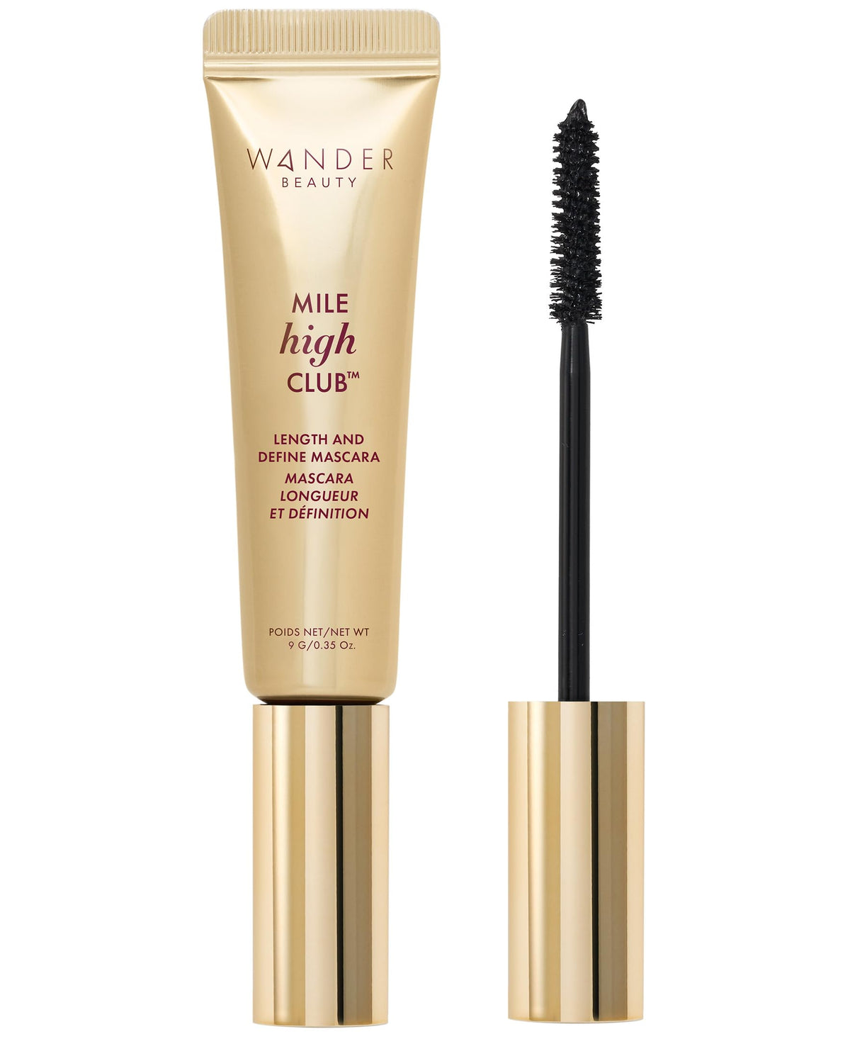 Wander Beauty mascara tube front view showing sleek packaging and benefit