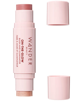 Wander Beauty front view of dual-ended stick showing blush and illuminator benefits