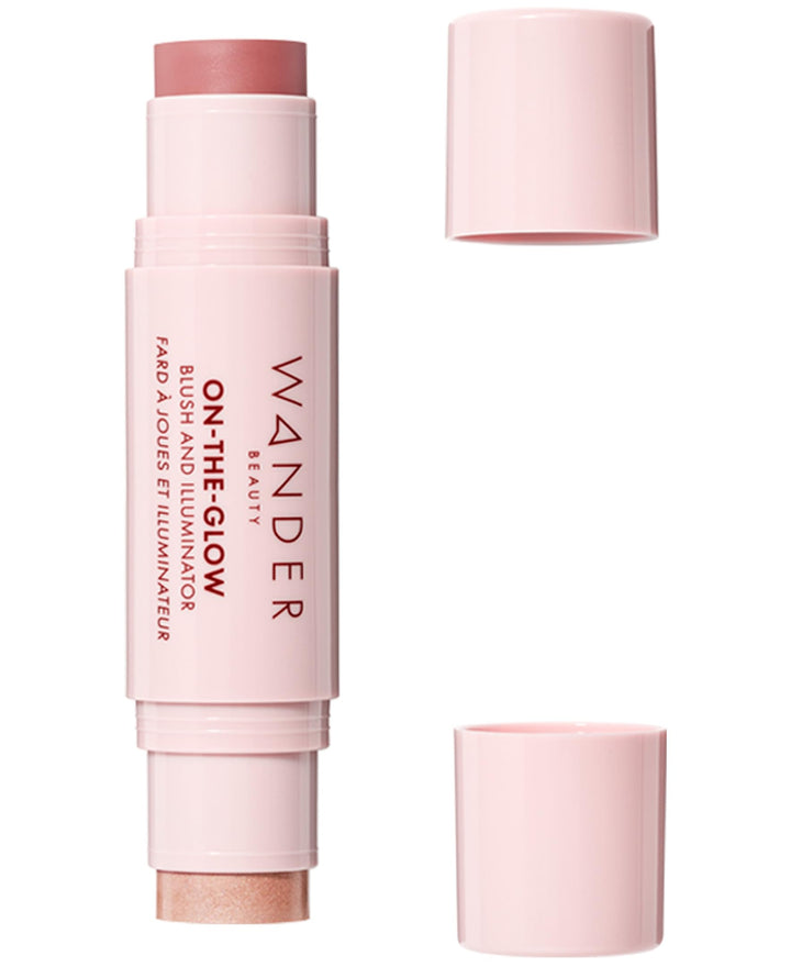 Wander Beauty front view of dual-ended stick showing blush and illuminator benefits