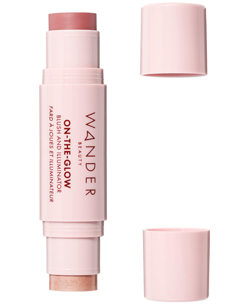 Wander Beauty front view of dual-ended stick showing blush and illuminator benefits