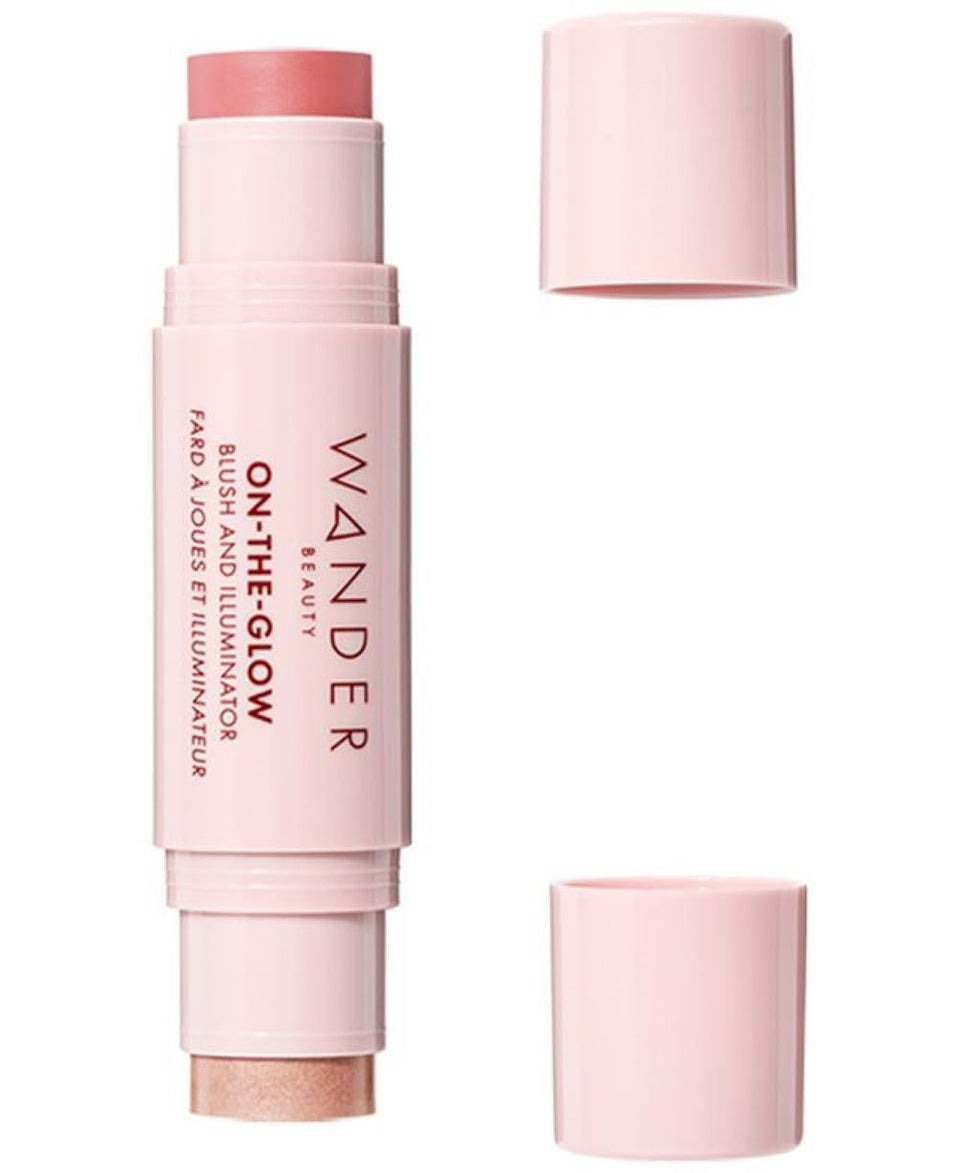 Wander Beauty front view of dual-ended blush and illuminator, convenient portability