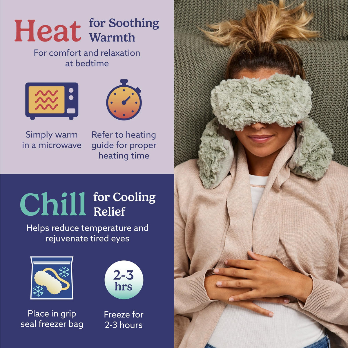 warmies eye mask in travel pouch on airplane seat for restful travel