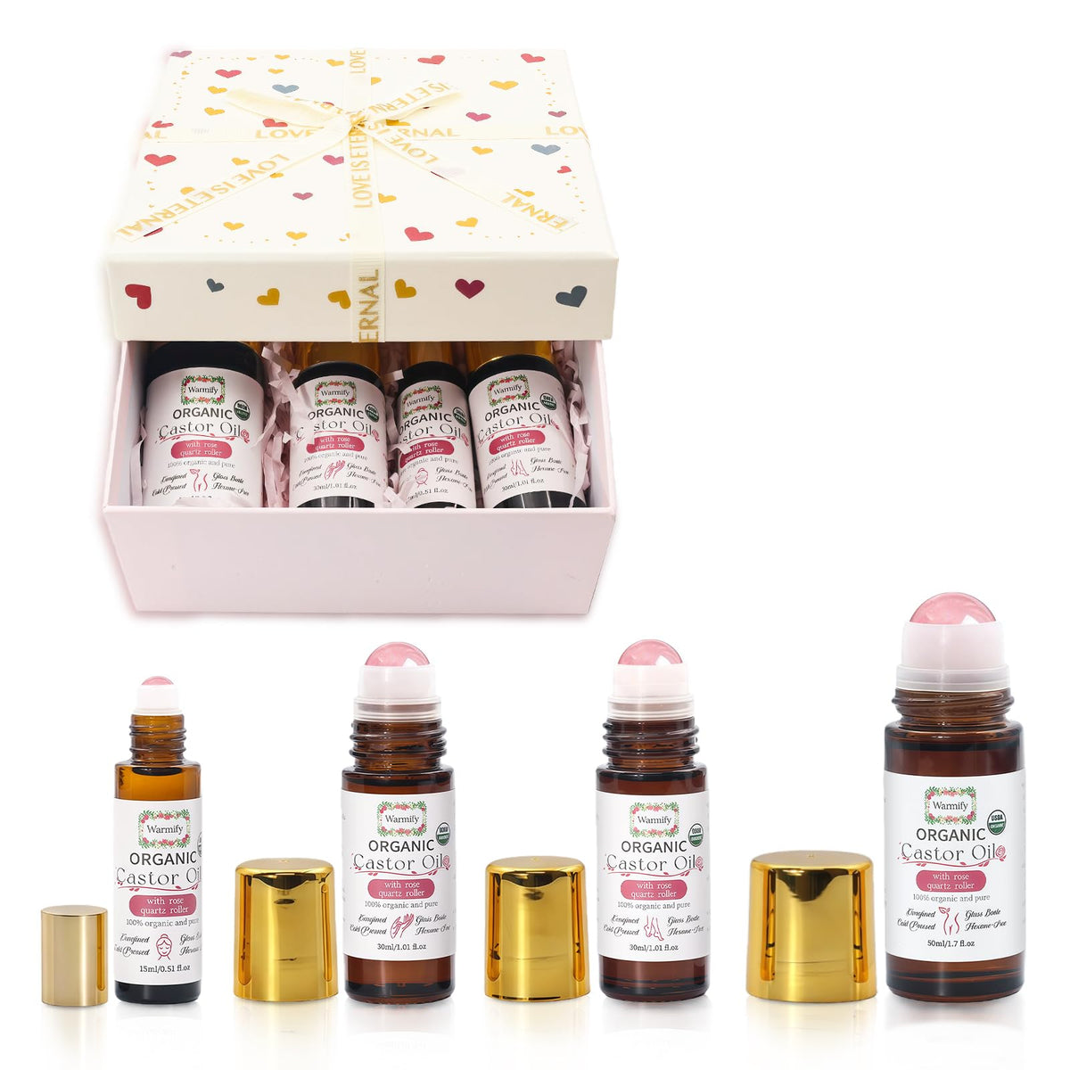 Warmify front packaging showing four bottles and rollers, perfect gift