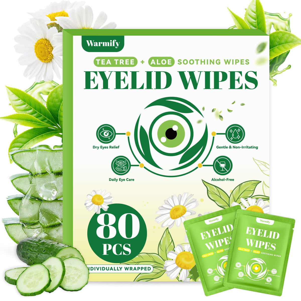 Warmify front packaging showing 80 individually wrapped eyelid wipes and benefits