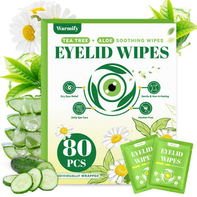Warmify front packaging showing 80 individually wrapped eyelid wipes and benefits