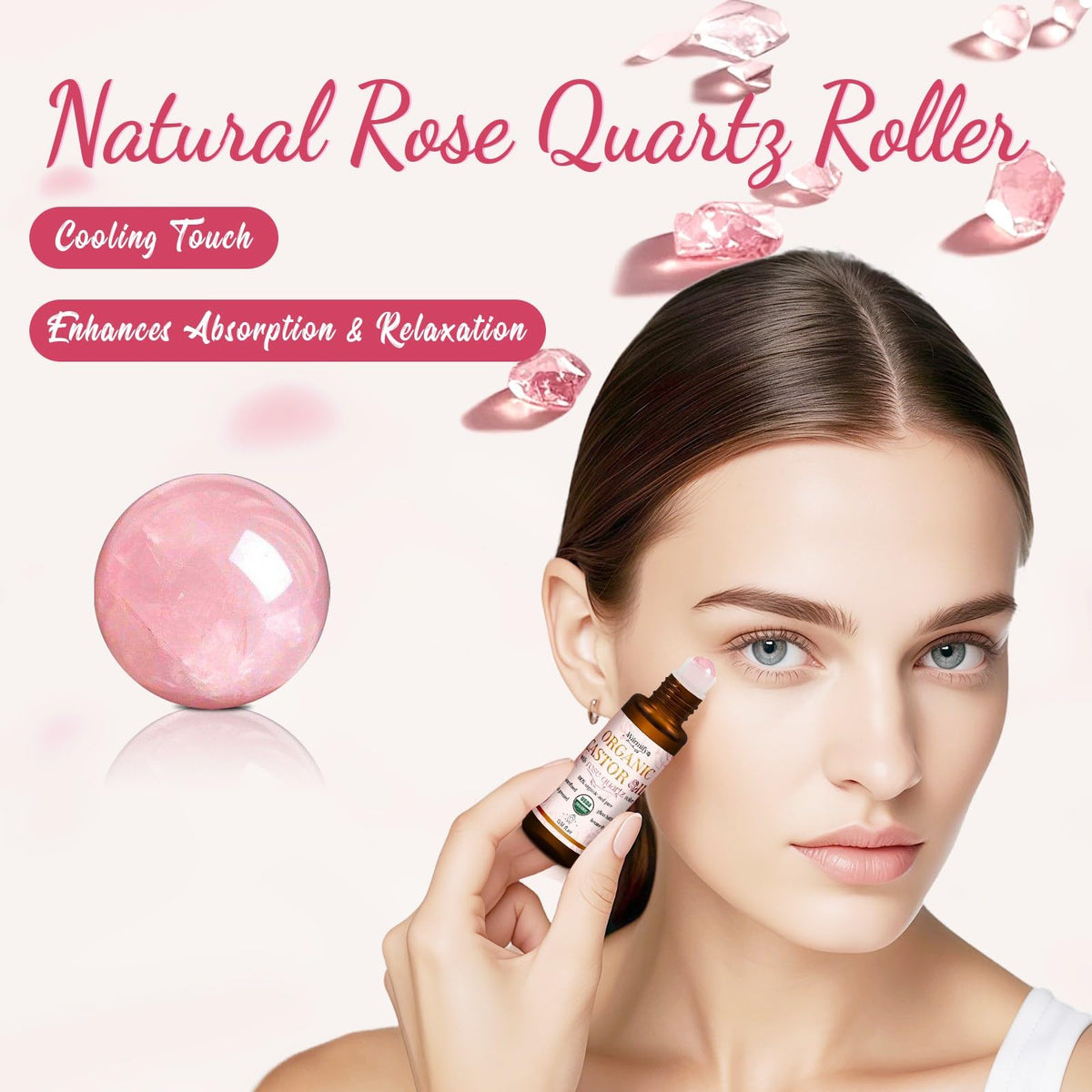 Warmify rose quartz roller close-up highlighting smooth stone and cooling benefit