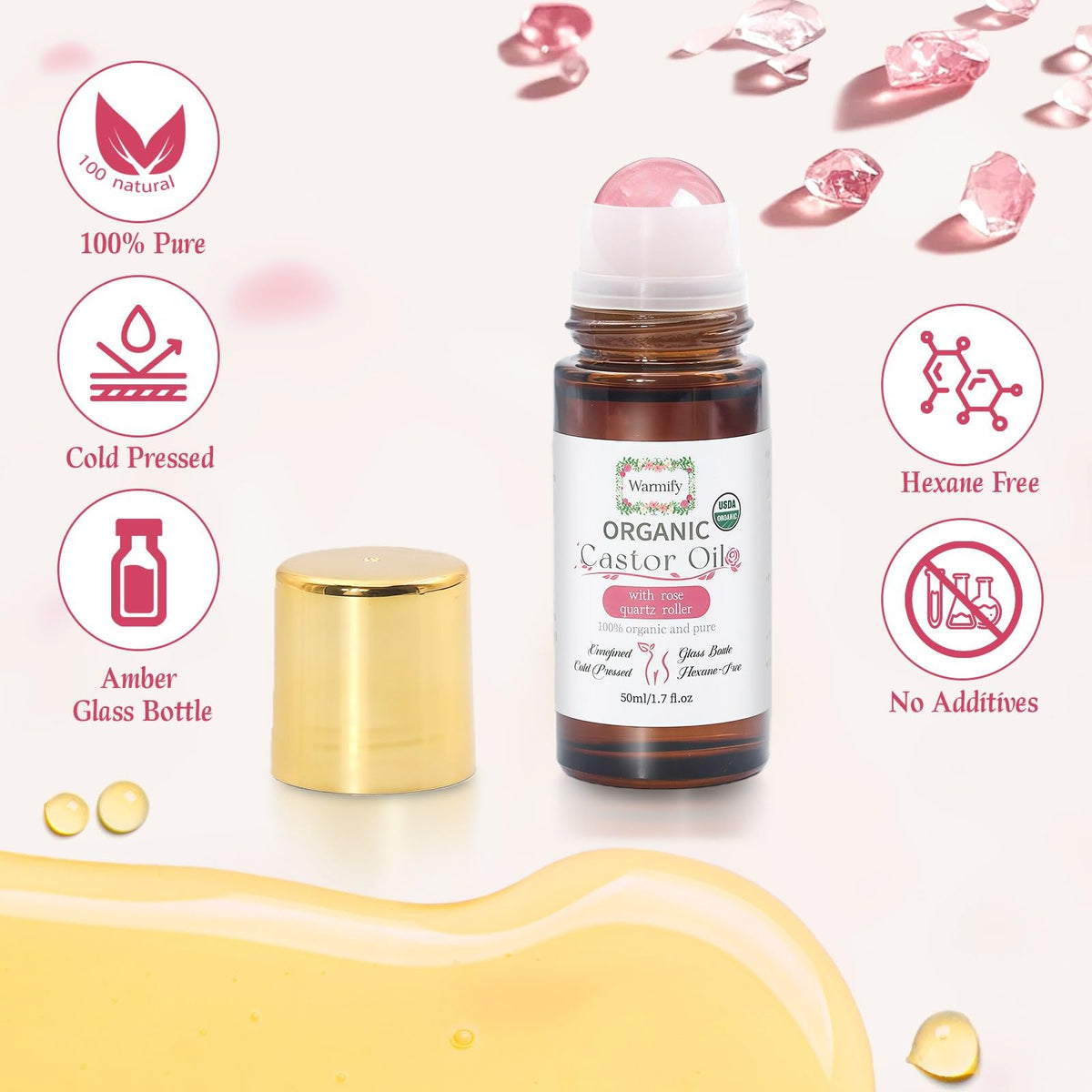 Warmify rose quartz roller close-up highlighting cooling massage