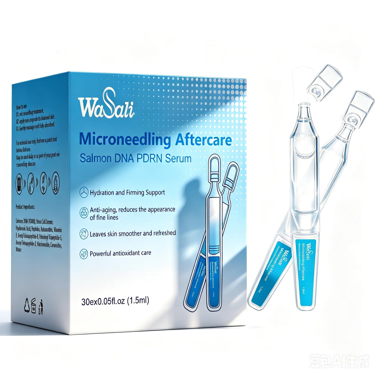 Wasali front packaging showing 30 sealed vials and clarity for post-needling care