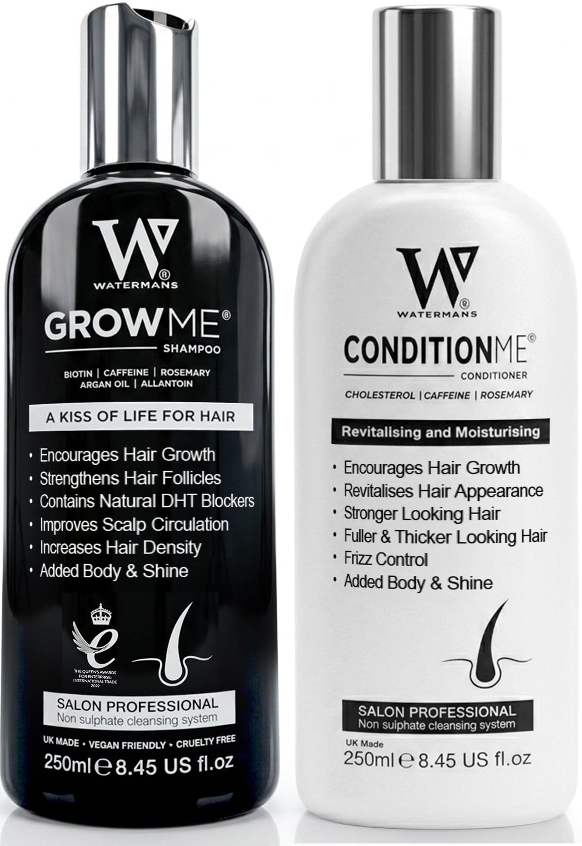 Watermans front packaging duo showing bottles and brand benefits