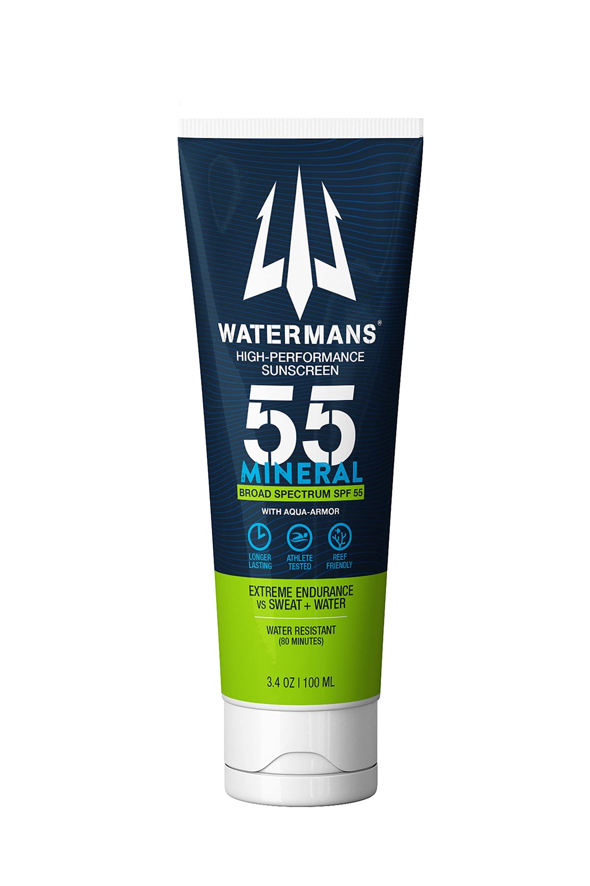 WATERMAN'S front packaging showing SPF 55 protection and active zinc