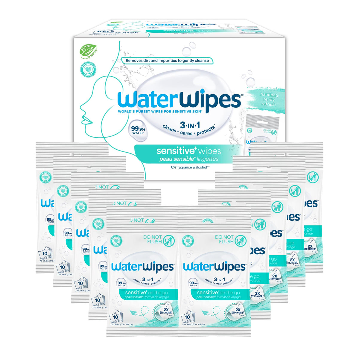 WaterWipes front packaging showing 10 packs and benefits