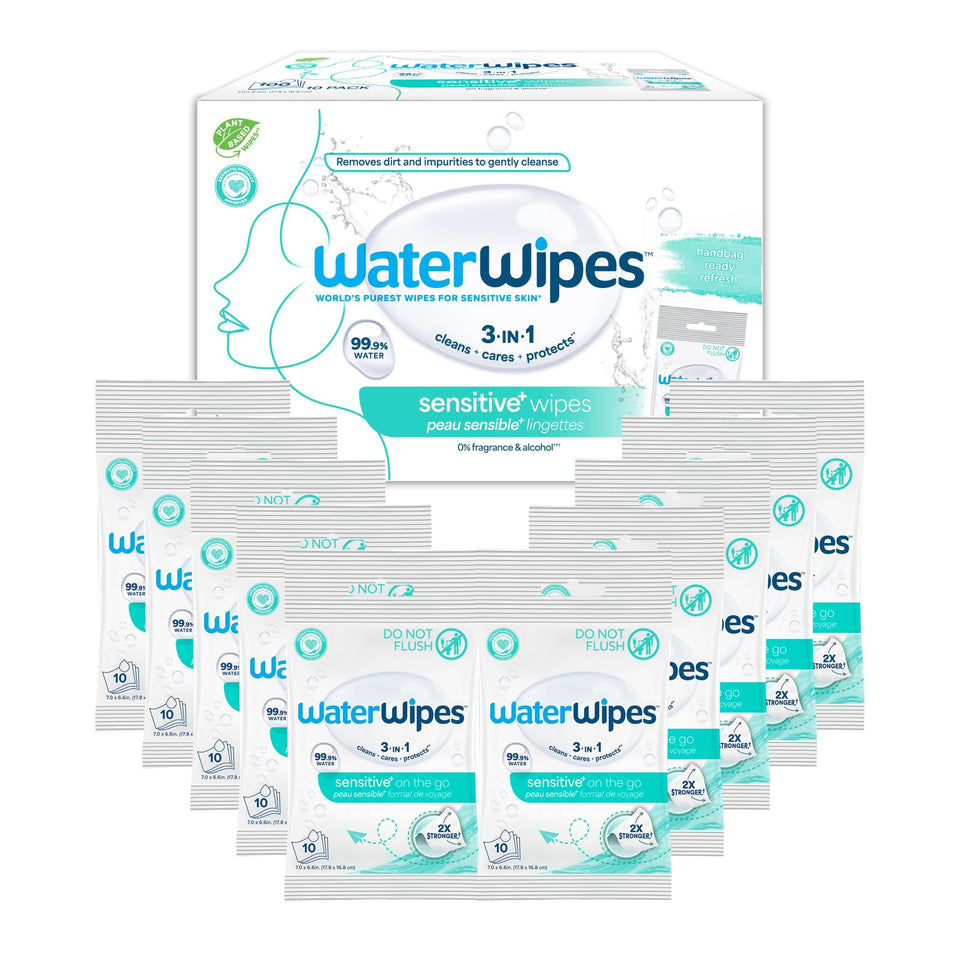 WaterWipes front packaging showing 10 packs and benefits