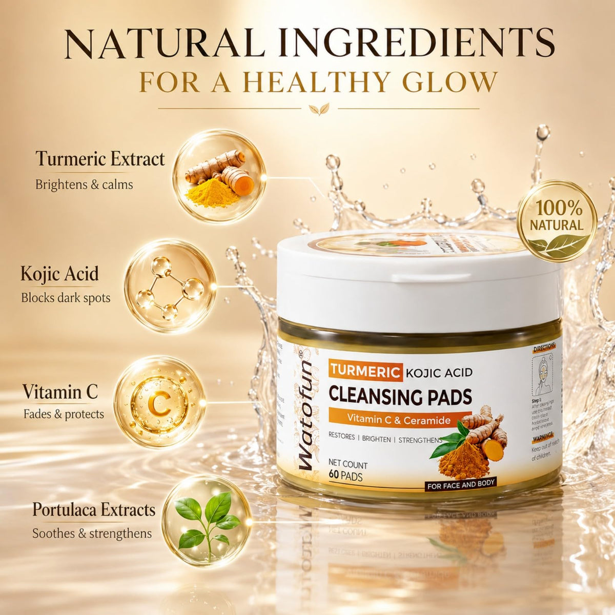 Watofun pad soaked in essence showing kojic acid and turmeric benefit