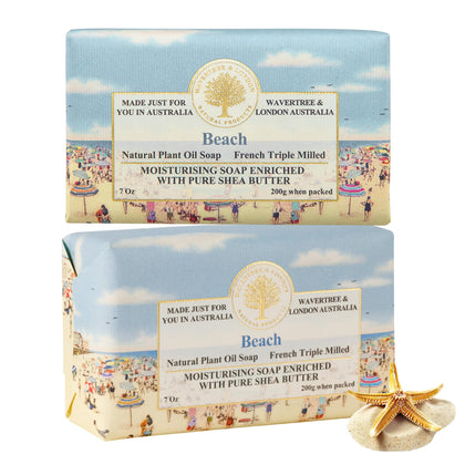Wavertree & London front packaging showing Beach scent and two-bar set benefit: clear product info