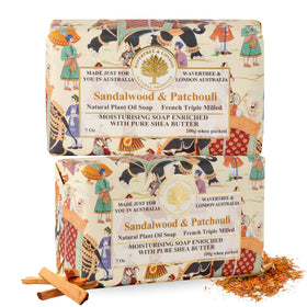 Wavertree & London front packaging showing two sandalwood patchouli bars and elegant wrap