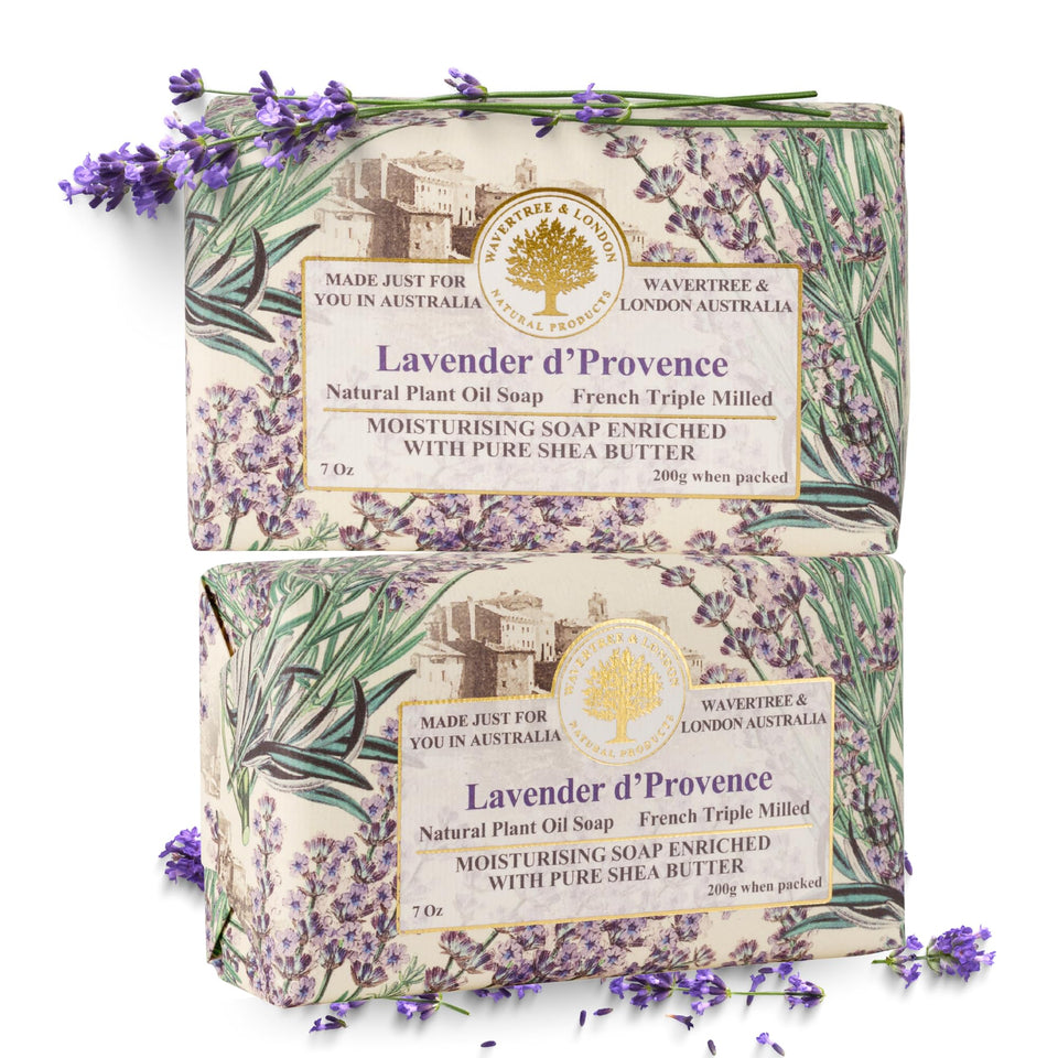 Wavertree & London front packaging showing lavender bars and elegant gift wrap