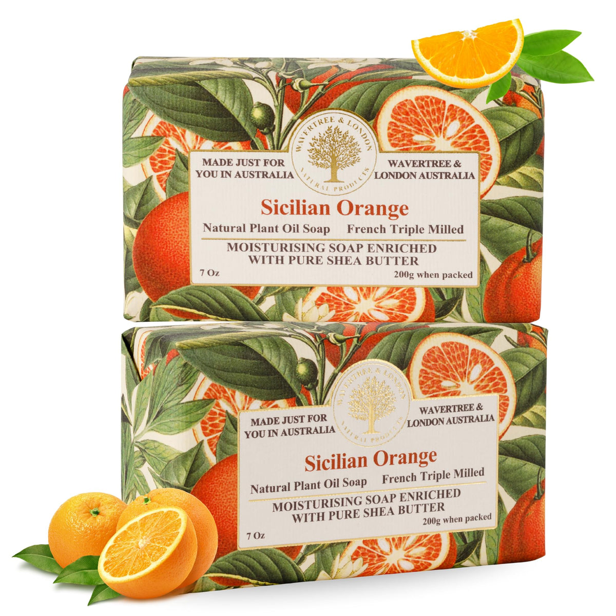 Wavertree & London front packaging showing two Sicilian Orange bars and gift wrap benefit