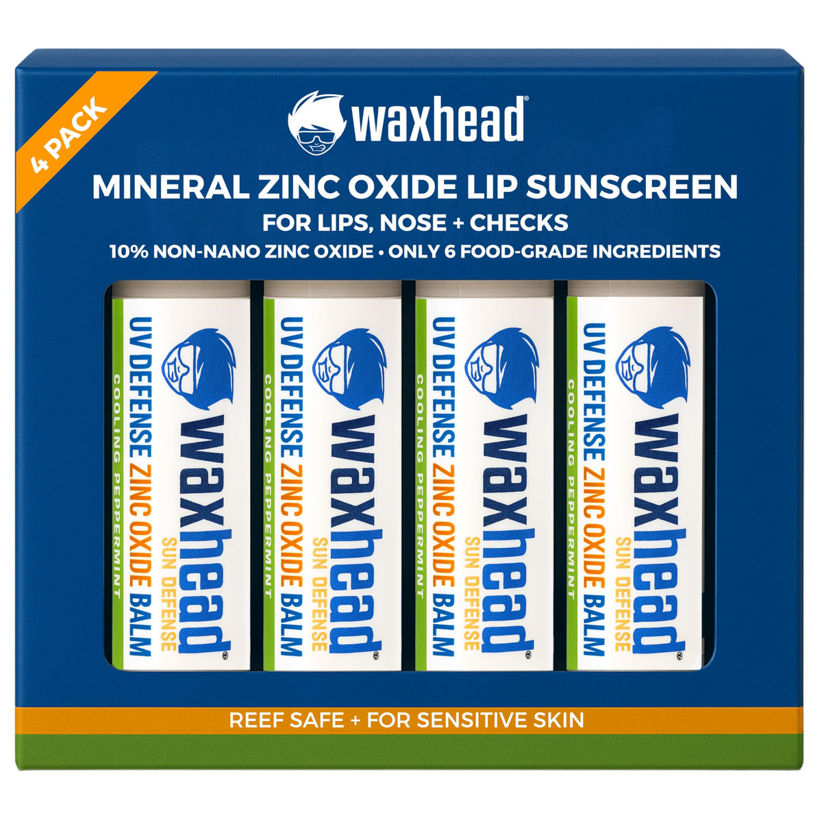 Waxhead front packaging mint 4-pack showing product and protective benefit