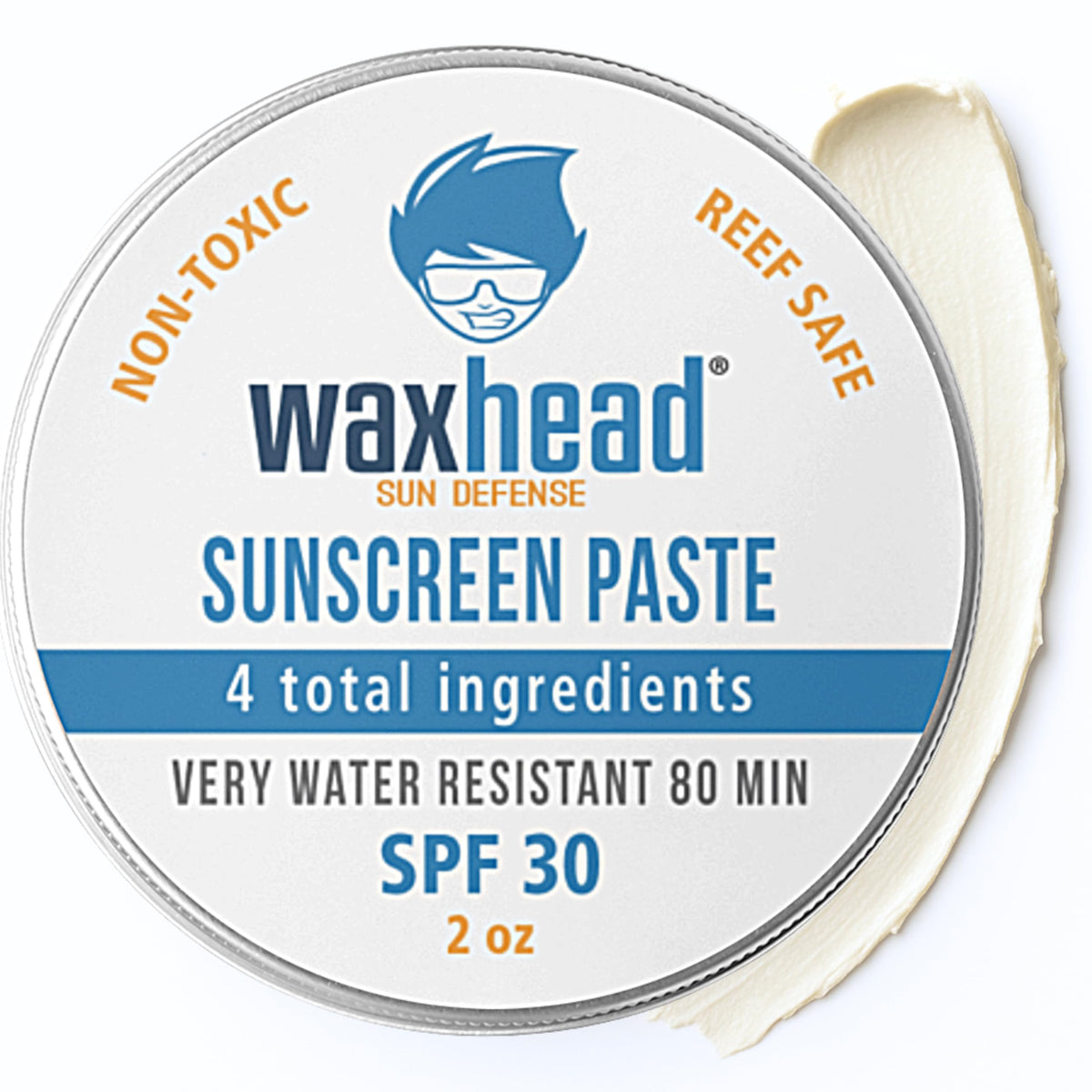 Waxhead tin front view showing compact travel sunscreen and clear protection