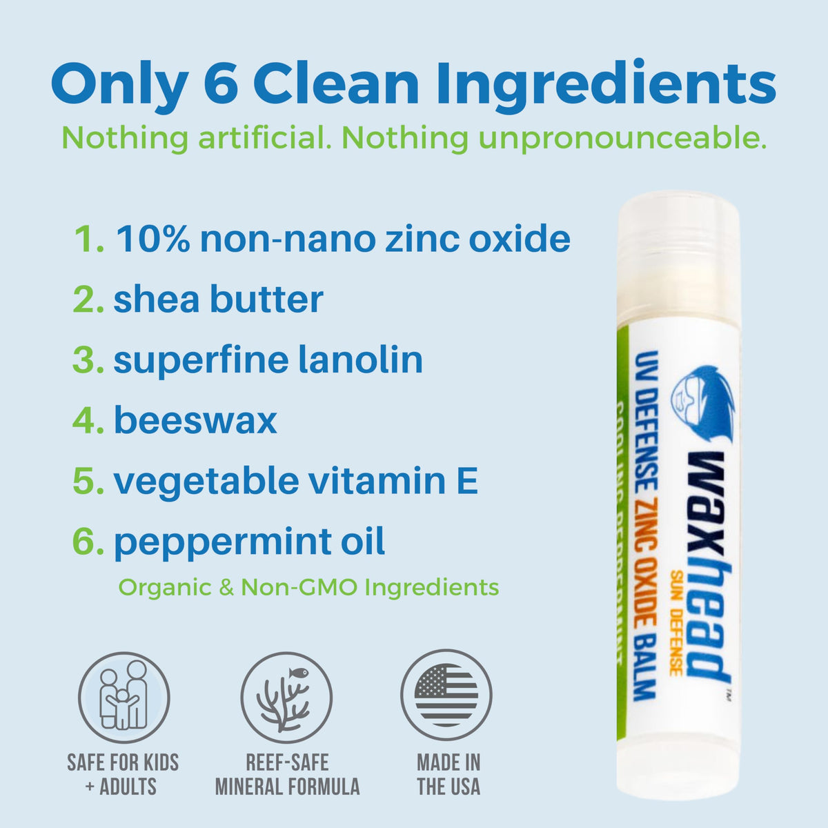 Waxhead tube label detail showing ingredient list and zinc oxide SPF benefit