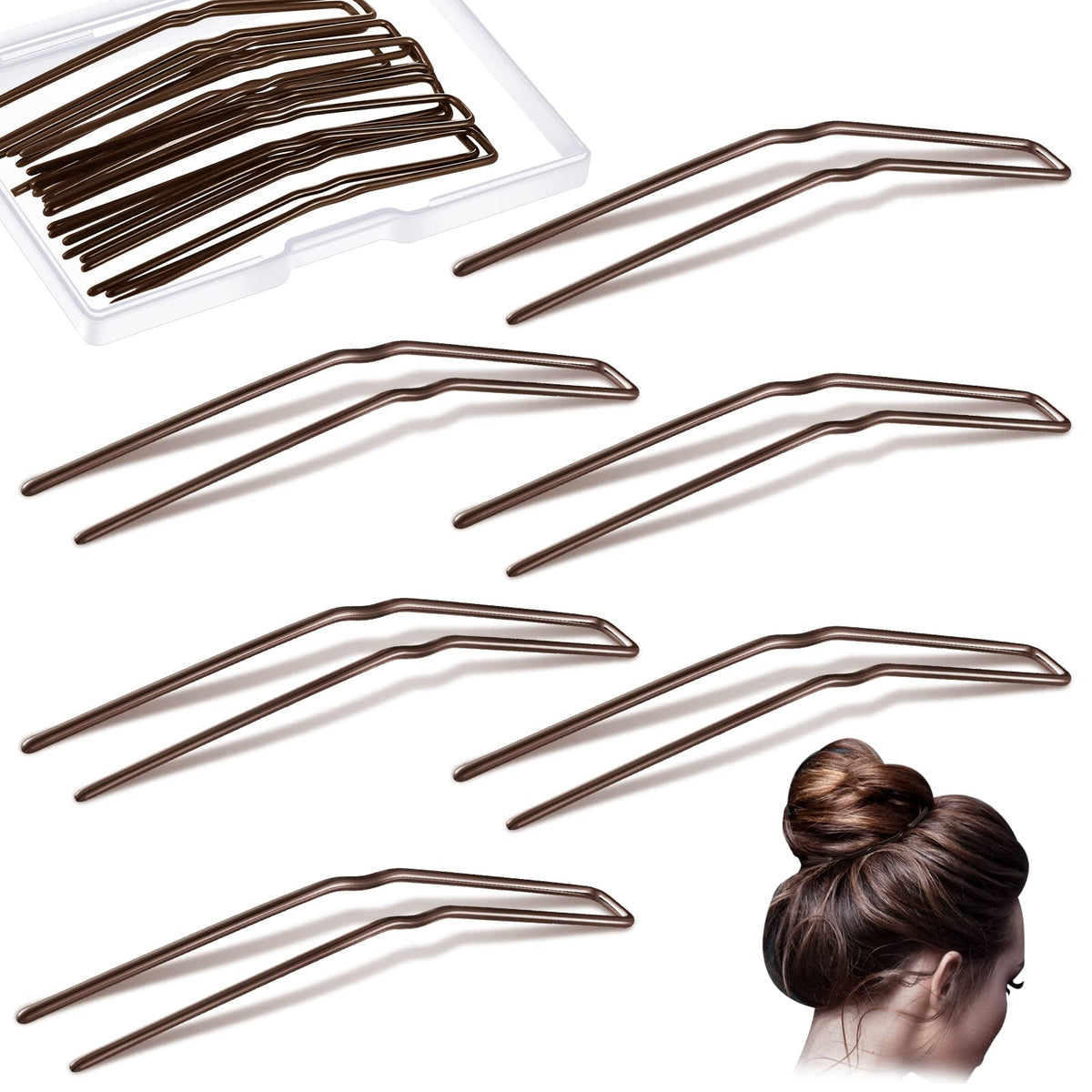 Waydress front view of 36 brown U-shaped hair pins showcasing compact packaging and quantity