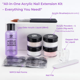 WAYI acrylic powders open to display pink, white, clear, and nude colors for versatile looks