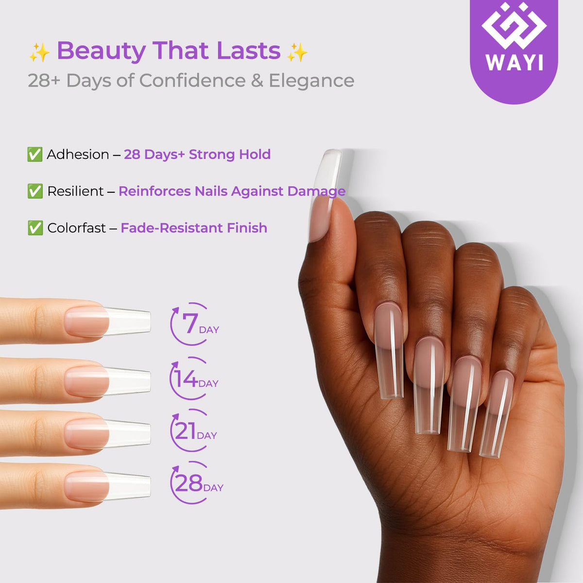 WAYI finished manicure on model hand showing durable, salon-quality acrylic results