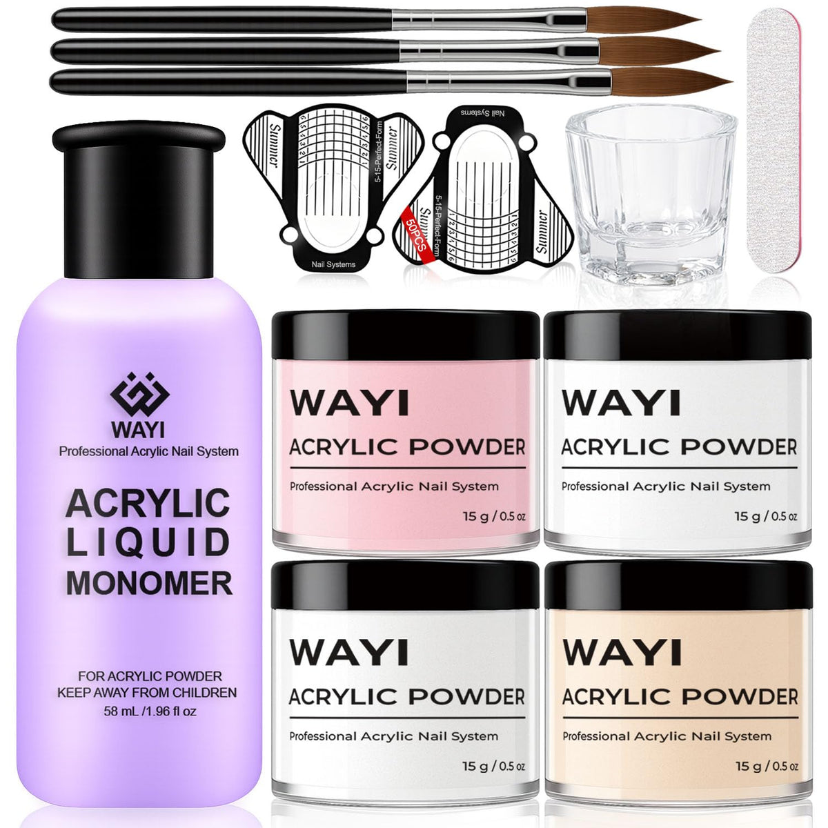 WAYI kit front packaging showing included powders and monomer for easy setup
