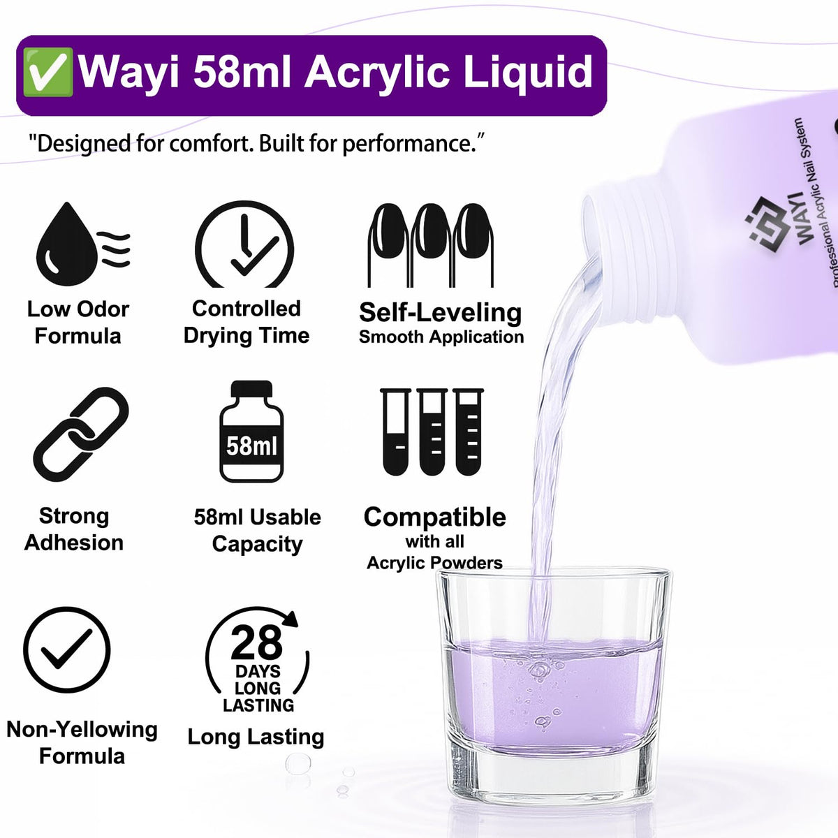 WAYI 58ml liquid monomer bottle close-up showing smooth pour and non-yellowing formula