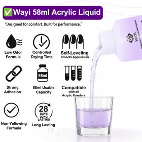 WAYI 58ml liquid monomer bottle close-up showing smooth pour and non-yellowing formula