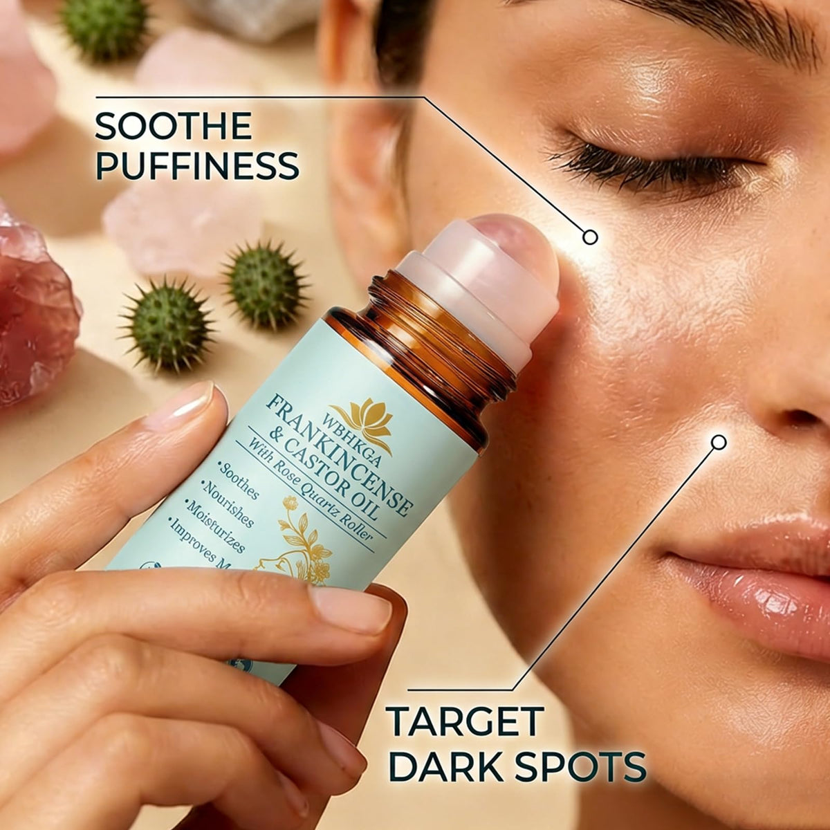 WBHKGA model rolling the stone under-eye demonstrating reduced puffiness and soothing feel