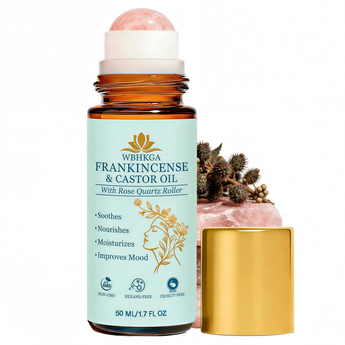 WBHKGA front packaging showing bottle and real red rose quartz roller for cooling relief