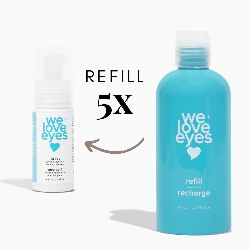 We Love Eyes pouring refill into pump bottle demonstrating easy eco-friendly refill