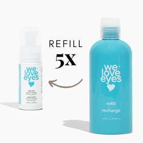 We Love Eyes pouring refill into pump bottle demonstrating easy eco-friendly refill