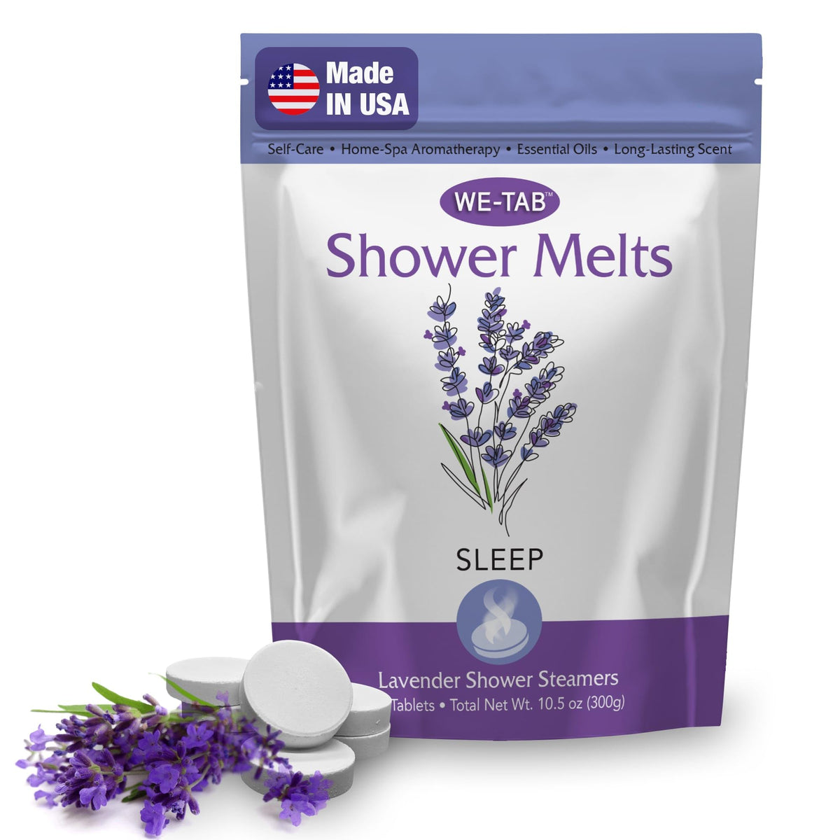 We-Tab front packaging showing 10-pack lavender steamers and calming benefits