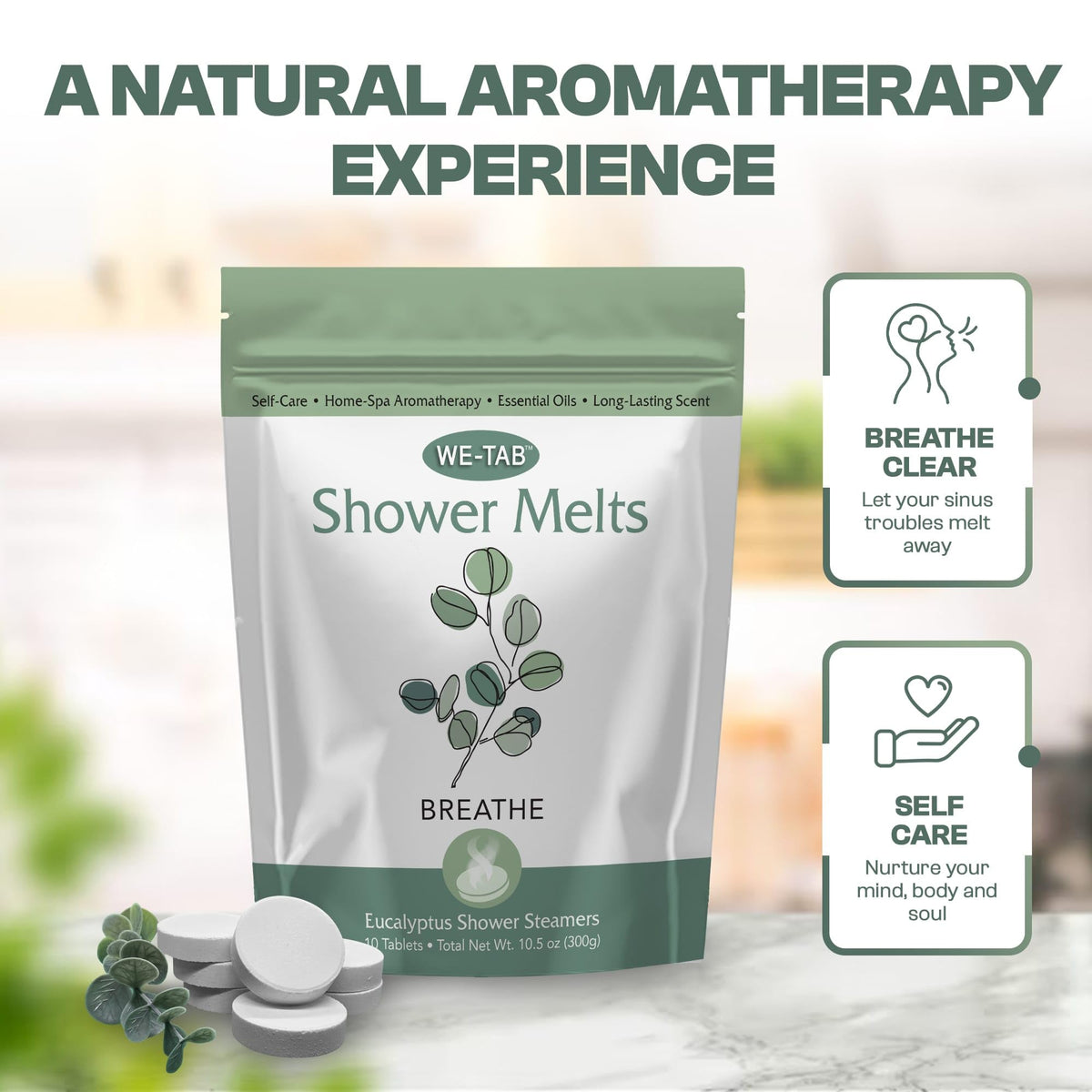 We-Tab tablet in shower steam demonstrating activated eucalyptus aroma for refreshment