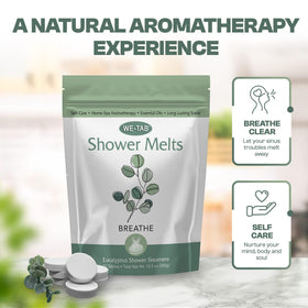 We-Tab tablet in shower steam demonstrating activated eucalyptus aroma for refreshment