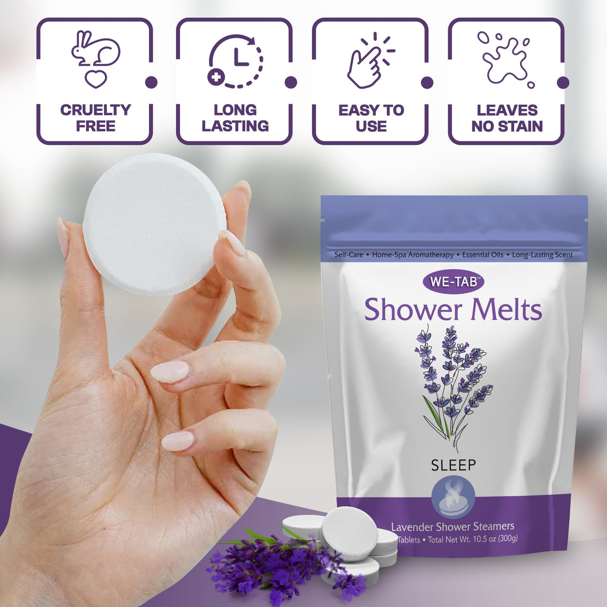 We-Tab steamer on shower floor releasing steam-enhanced lavender scent