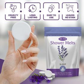 We-Tab steamer on shower floor releasing steam-enhanced lavender scent