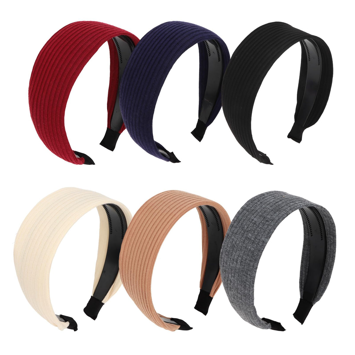 Wecoe front view of six headbands showing colors and neat packaging, versatile styling benefit