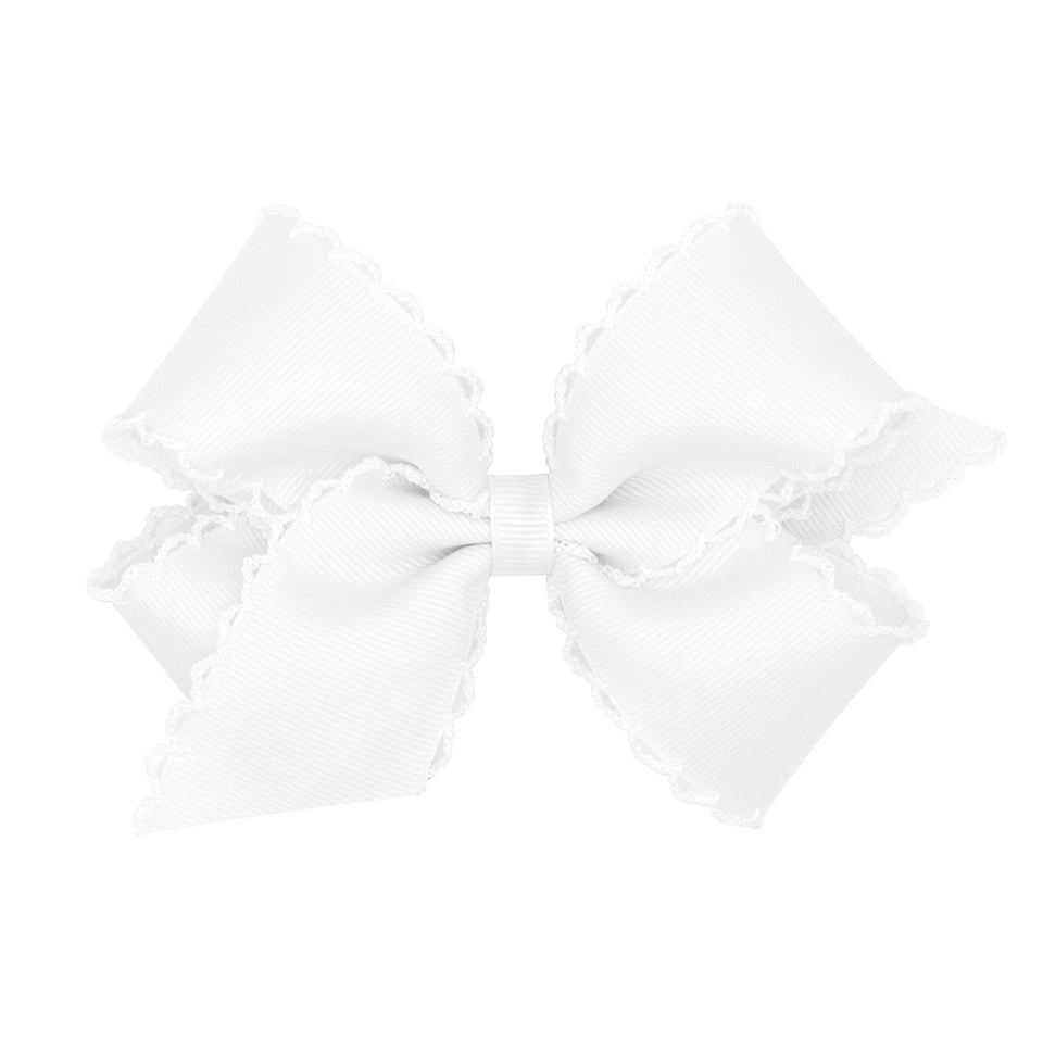Wee Ones front view white bow showing crisp moonstitch edge and neat shape