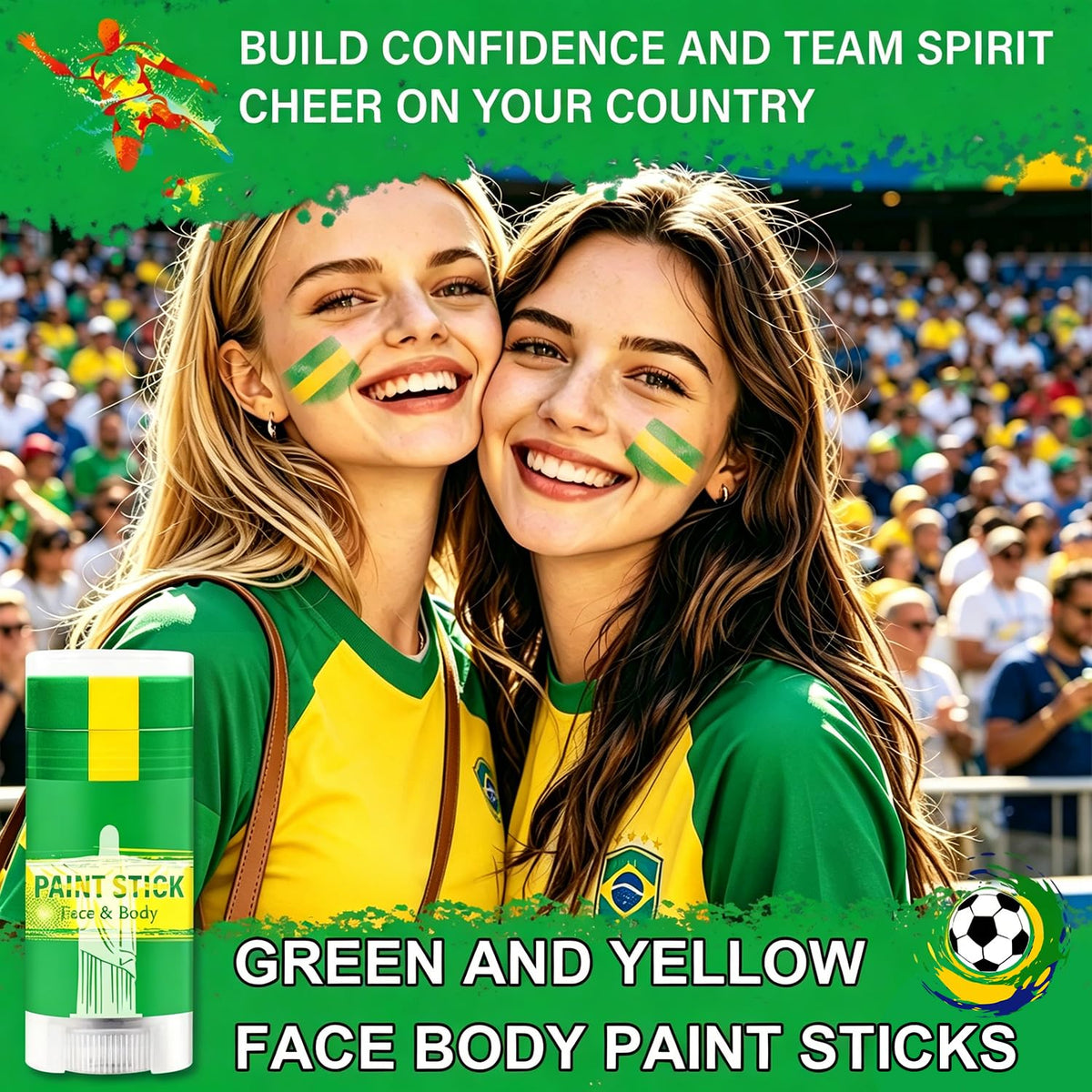 WEEMAY application on cheek demonstrating a bold Brazil stripe that stays visible while cheering