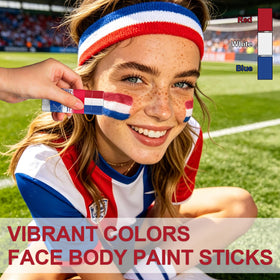 WEEMAY application on cheek with crisp Netherlands flag stripes and bold color