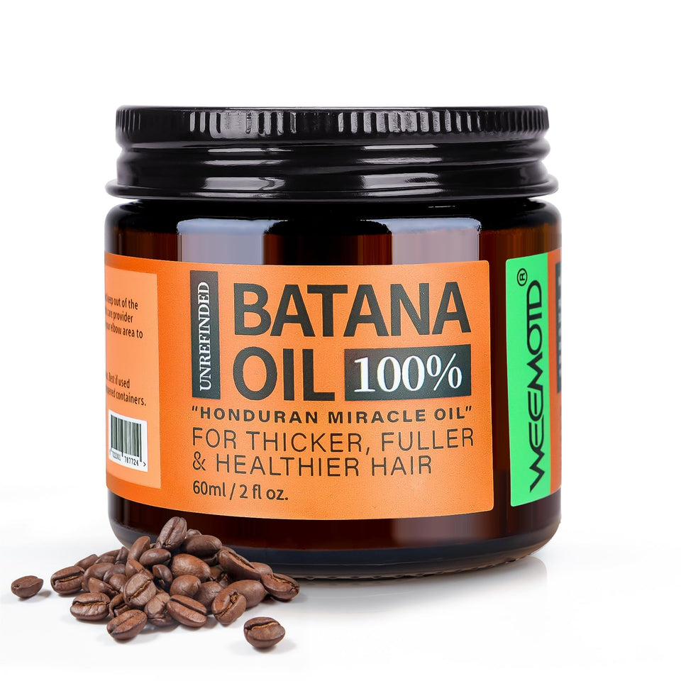 WEEMOTD front bottle shot showing 2 fl oz espresso-colored Batana Oil and clear label benefit