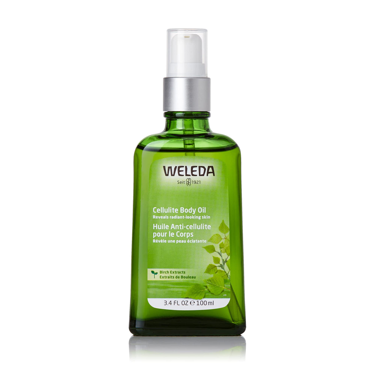 Weleda birch cellulite oil front bottle showing label and size benefit: clear ingredient focus