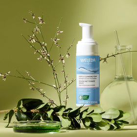 Hand using Weleda gentle cleansing face foam demonstrating easy rinse and comfort