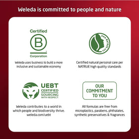 Weleda plumping serum bottle staged with moisturizer showing layering compatibility benefit