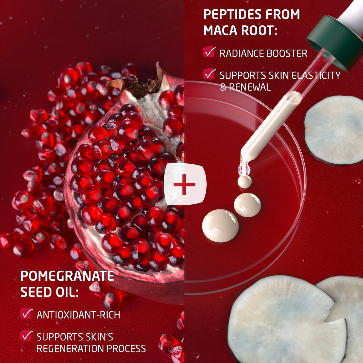 Weleda plumping serum with pomegranate halves highlighting vitamin-rich oil benefit