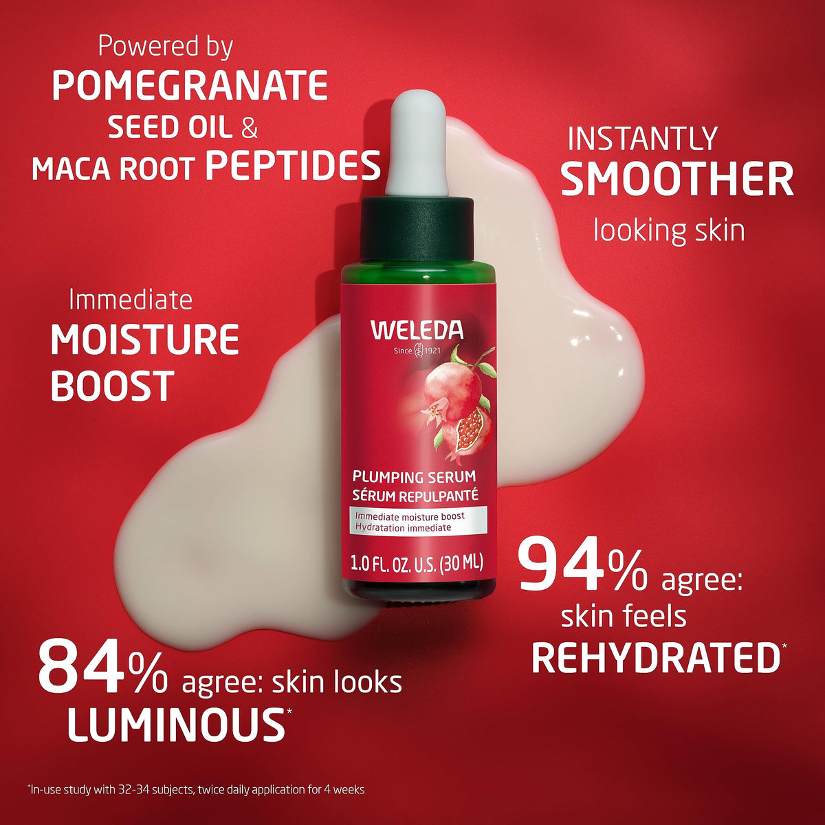 Weleda plumping serum pump dispensing a drop, enabling precise application benefit