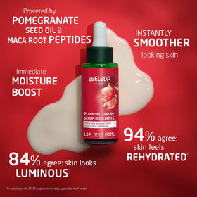 Weleda plumping serum pump dispensing a drop, enabling precise application benefit